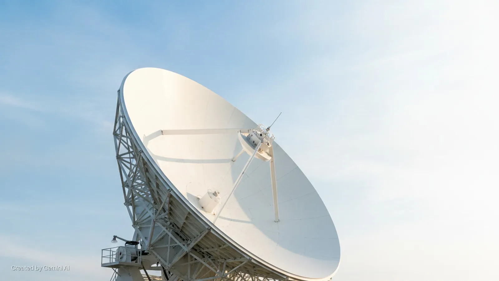 A large white parabolic satellite dish with its metal support structure is positioned against a clear, brightly lit blue sky.