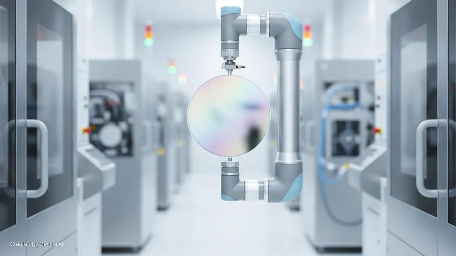 A robotic arm holds an iridescent silicon wafer in a brightly lit cleanroom aisle lined with industrial manufacturing machines featuring glass doors and status lights.