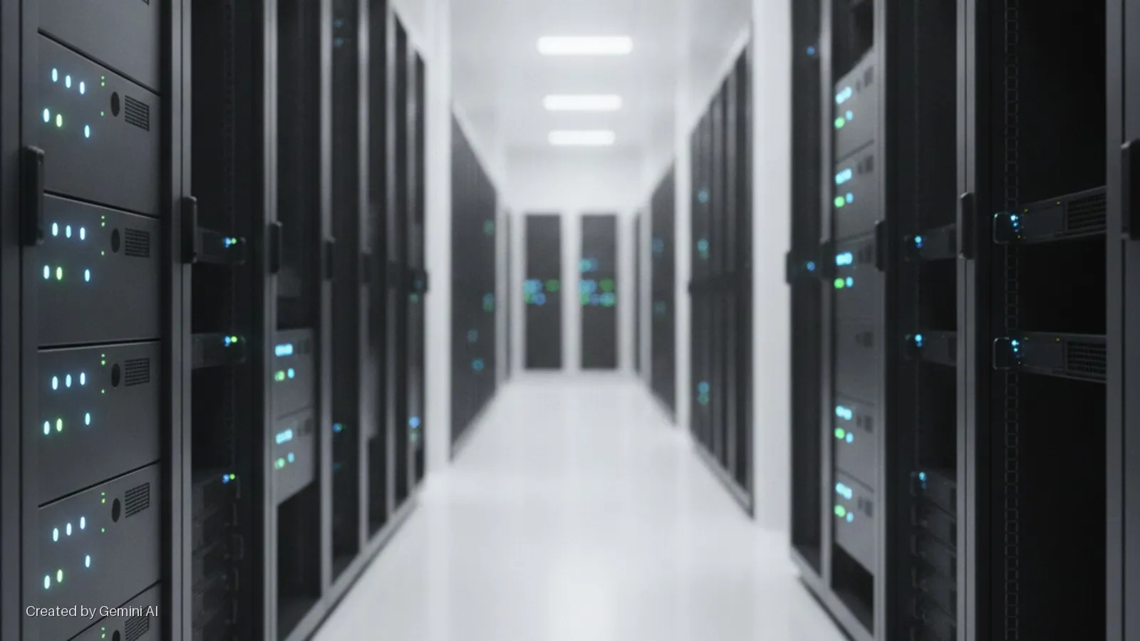 A brightly lit data center hallway extends into the distance, lined on both sides with rows of black server racks displaying glowing blue and green indicator lights.
