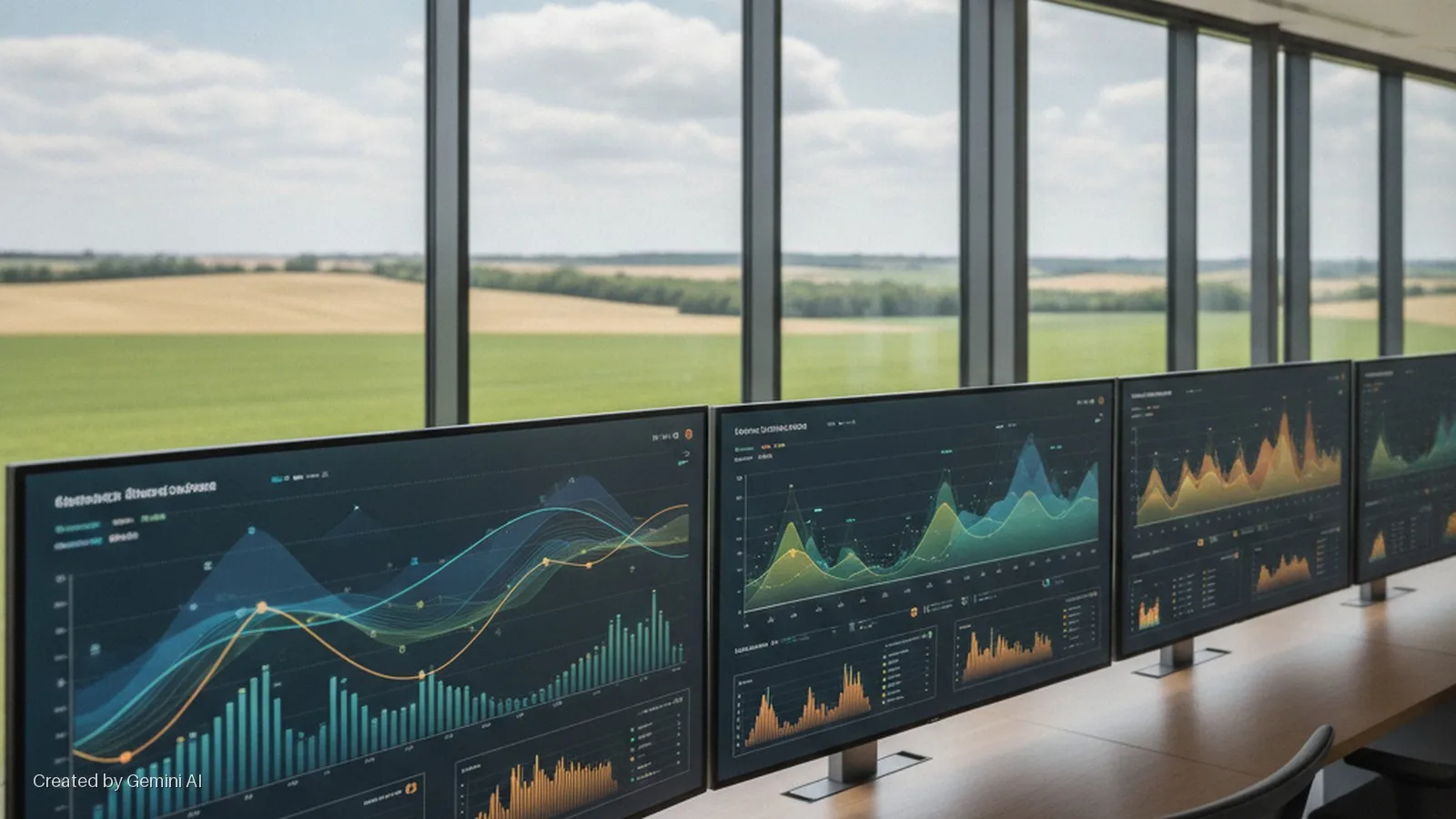 A row of five computer monitors displaying colorful data visualizations on a dark interface is arranged on a wooden desk in a brightly lit room with large windows overlooking green fields and a cloudy sky.