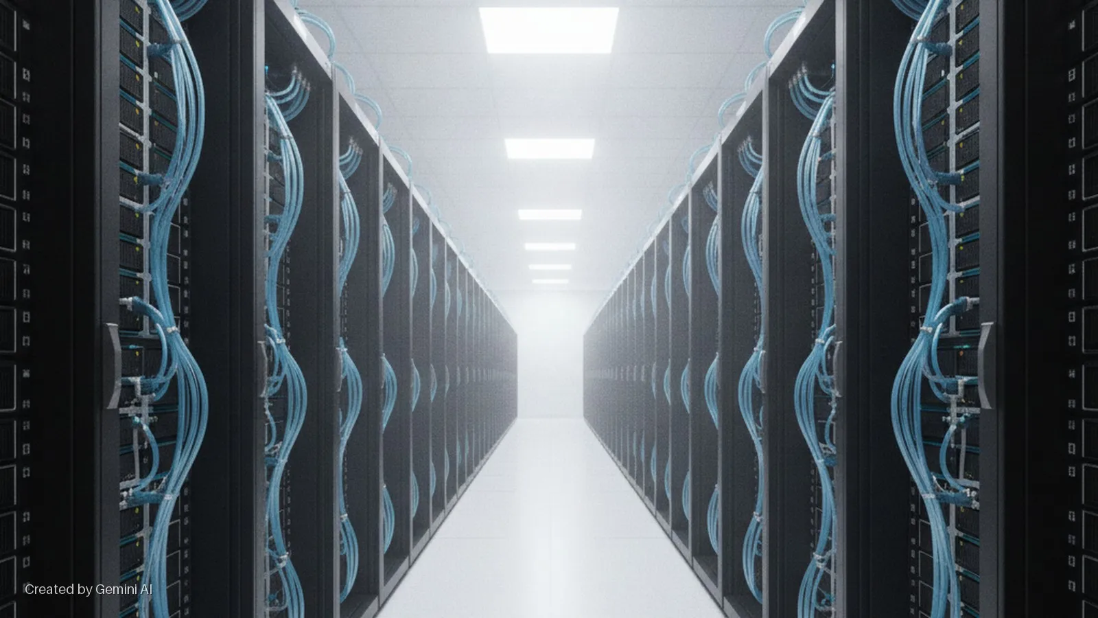 A symmetrical data center aisle with parallel rows of black server racks featuring bright blue cables, illuminated by bright overhead white lights.
