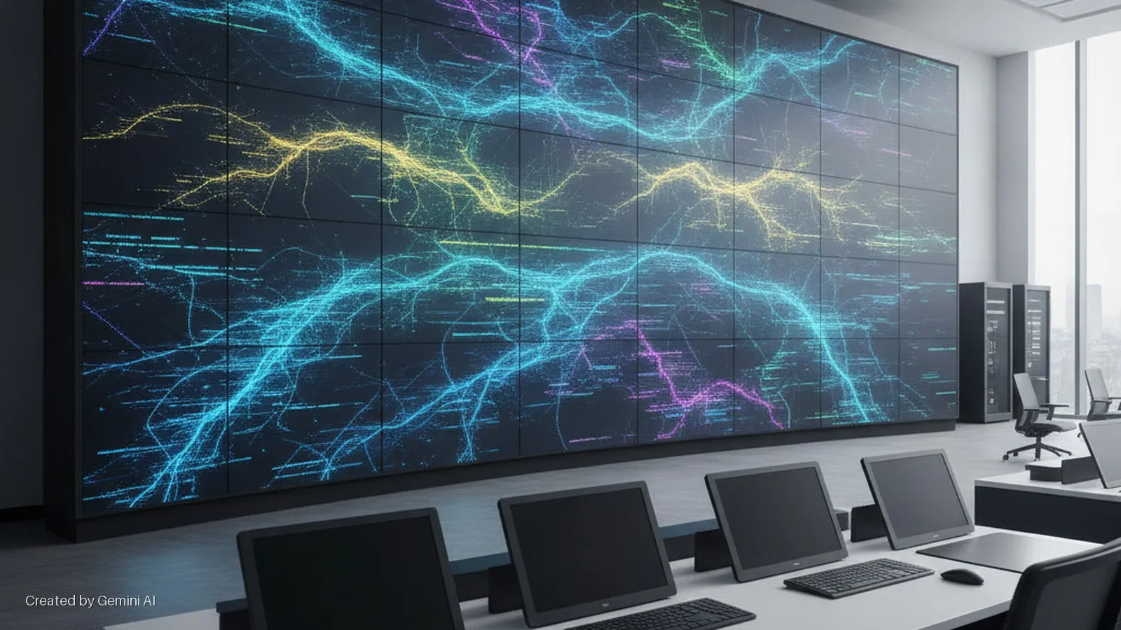 A brightly lit data center control room features a large video wall displaying colorful network data, with computer workstations, server racks, and a city view through a large window.