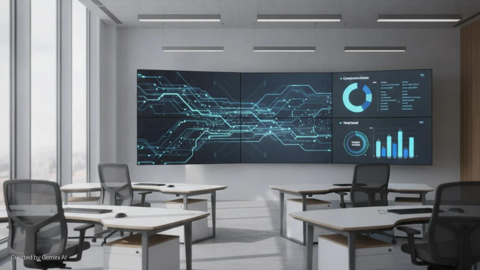 A modern office workspace features multiple desks with ergonomic chairs, a large wall-mounted screen displaying data visualizations, and is brightly lit by tall windows and linear overhead lights.