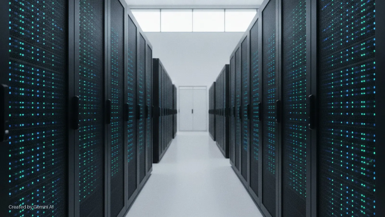 Rows of dark server racks with blinking green and blue indicator lights line a brightly lit data center aisle, leading to a closed white door at the far end.
